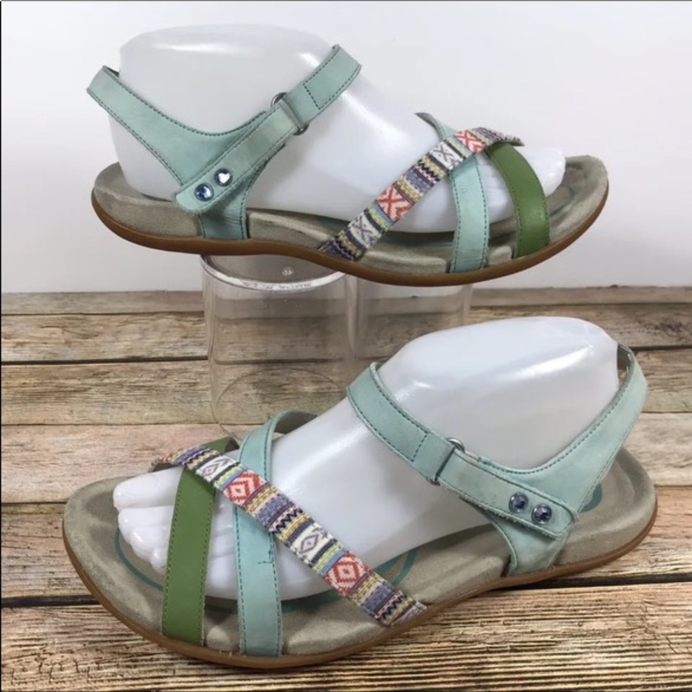 ABEO Laguna Blue Multi Leather Ankle Strap Flat Orthotic Sandals Women’s